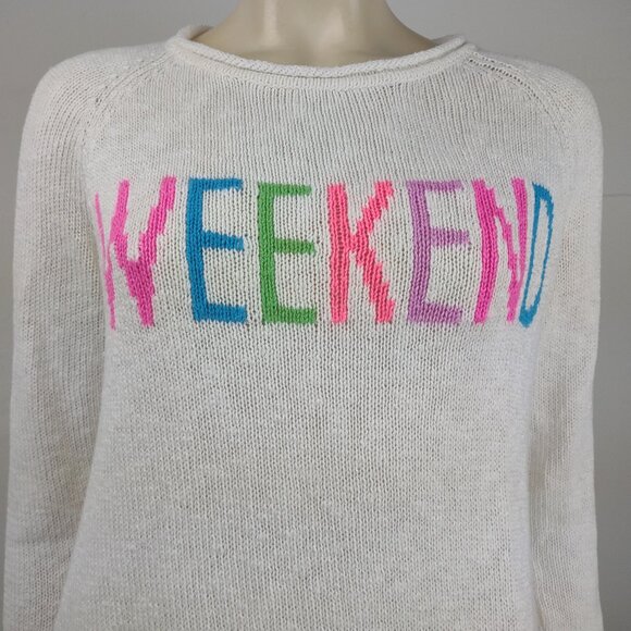 Lilly Pulitzer white colorful Weekend spellout cotton blend sweater ladies Small - Picture 2 of 7